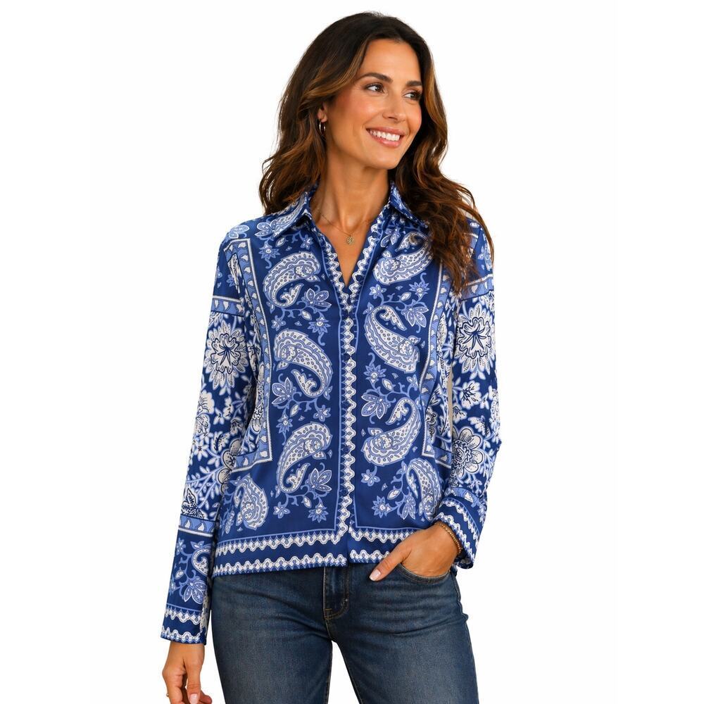 Rachel Zoe Paisley Blouse XS Blue White Boho Lightweight Silky Button Front Top